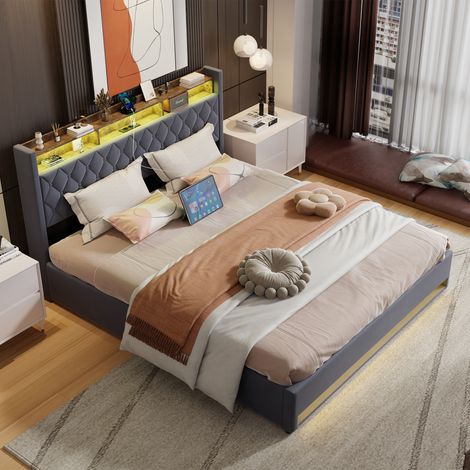 Letto 180x200 cm con LED - 2 posti - Letto contenitore - Testiera con contenitore e porte USB e Type-C - Velluto - Grigio (1/5)
