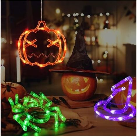 Décorations d'Halloween Paquet de 3 Lumières de Fenêtre d'Halloween avec Ventouse Lumières d'Halloween à Piles Orange Citrouille Araignée Verte Chapeau de Sorcière Violet