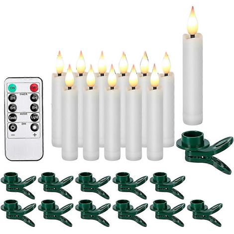 Set mit 12 flammenlosen, kegelförmigen LED-Kerzen mit 3D-Docht, weihnachtsbaumförmigen Clips und warmweißem Licht (1/5)