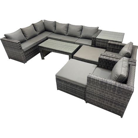 Fimous 8 Pieces Outdoor PE Rattan Garden Furniture Corner Sofa Oblong Coffee Table Set with Cushions Chair 2 Big Footstools Side Table Dark Grey Mixed (1/5)