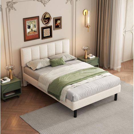 CHICFURN Cama doble 140x190 cm Sherpa beige con somier de láminas, sin colchón (1/5)