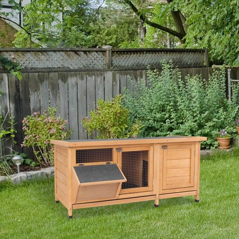 Conigliera invernale PawHut, gabbia in legno per conigli, 112x50x54 cm, con tetto in bitume, 2 porte, rete metallica, gabbia da esterno per conigli e porcellini d'India, naturale/nera