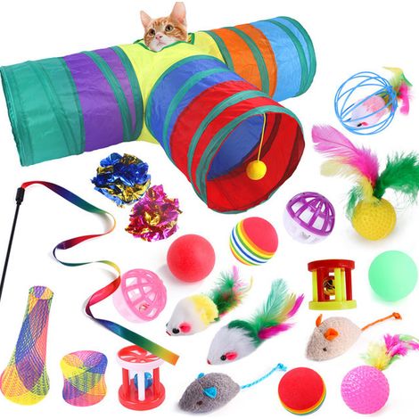 Ensemble de 25 jouets en peluche pour animaux de compagnie : tunnel souris arc-en-ciel et plumes amusantes (1/5)