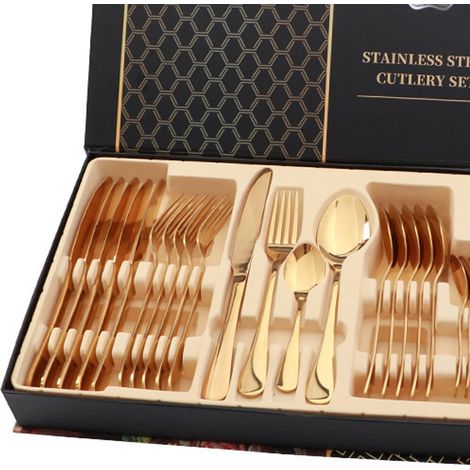 Edelstahl-Besteckset, glänzend, 24-teilig, Steakmesser, Gabel, Löffel, Goldfarben (1/5)