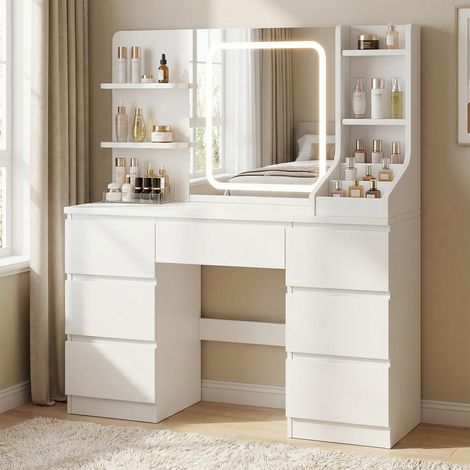 Coiffeuse avec Miroir LED, Luminosité Réglable, Coiffeuse Moderne vanité de Maquillage avec 2 étagères et 7 Tiroirs, Coiffeuse Blanche (Blanc Pur) (1/5)