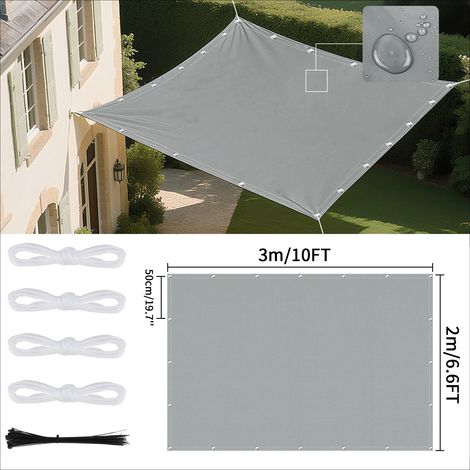 Voile d'ombrage imperméable (gris clair, 2 x 3 m) avec œillets, idéale pour les jardins et terrasses extérieures. (1/5)
