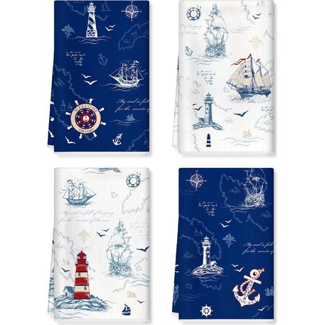 Torchons de Cuisine Nautique Vaisselle Lot de 4, Serviettes de Cuisine Phare Torchon Vaisselle, Doux Et Super Absorbant Accroche Très Serviettes de Bar 42 X 70 Cm (1/5)