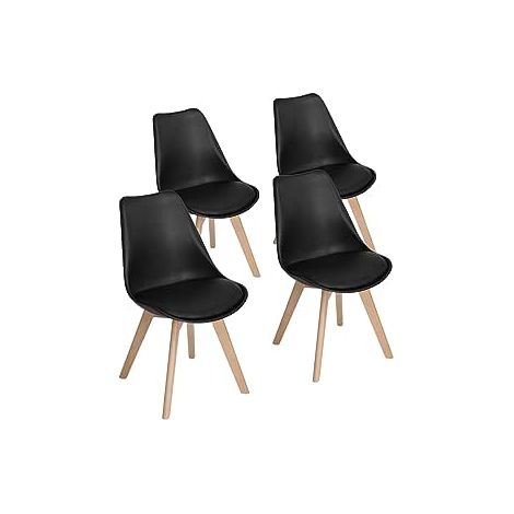 Eggree – Lot de 4 chaises scandinaves Catherina – Piètement en bois massif – Hauteur d'assise 44-47 cm – Coussin en cuir artificiel – Noir (1/4)