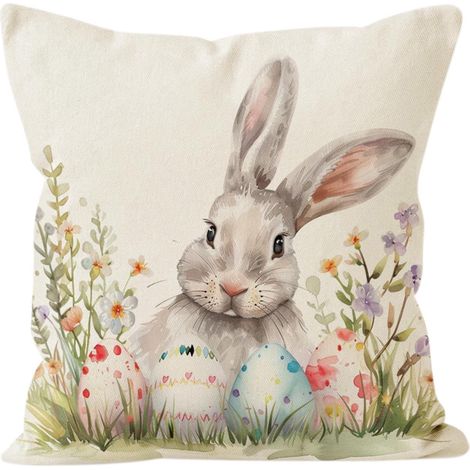 Housse De Coussin De Pâques - 45 X 45 Cm - Motif Lapin Et Fleurs - Pour Canapé Fauteuil Lit Ou Siège Auto - 1 Pièce (1/5)