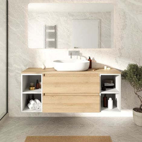 Meuble de salle de bain suspendu 140 cm deux tiroirs avec plateau en chêne clair stone oak et deux compartiments ouverts blanc mat Hexa (1/4)