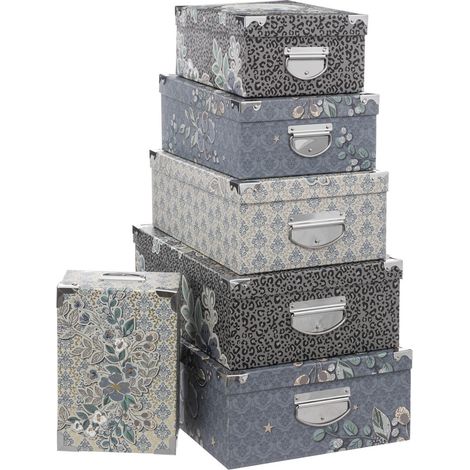 Fééric Lights And Christmas – Lot de 6 boîtes de rangement en carton avec poignées et coins en métal – Dimensions variées 28-48 cm – Pour décoration intérieure élégante