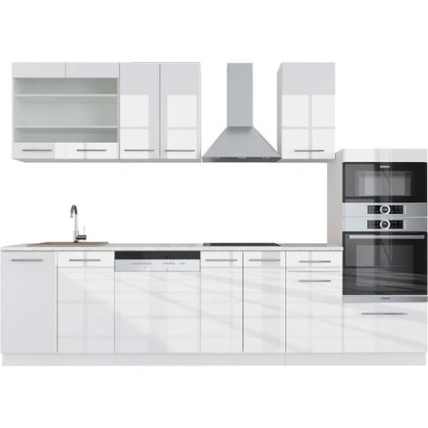 Cucina componibile Fame-Line, Bianco lucido/bianco, 300 cm con armadio alto, PL Marmo, Vicco (1/5)