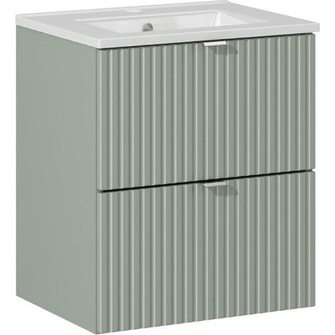 Conjunto ELVINA 50cm: mueble bajo lavabo con cajones en verde salvia gris + lavabo de cerámica blanca encastrable