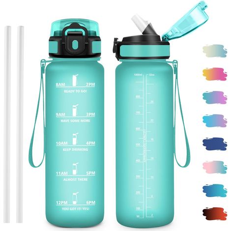 Gourde Sport 1L, Gourde avec Paille et Marqueur de Temps, Gourdes sans BPA, Bouteille pour Bureau, Fitness, Randonnée, Yoga, Camping (1/5)