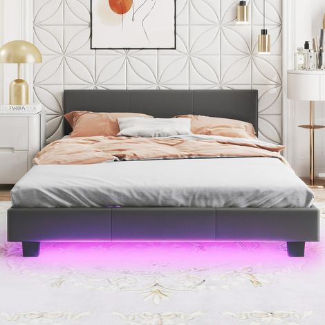 Cadre de Lit Double avec Tête de Lit Rembourrée Lit Plateforme Rembourré avec Bandes Lumineuses LED Télécommande Gris (1/3)
