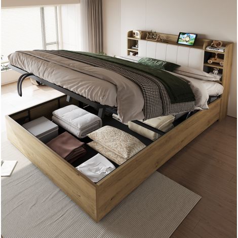 Cama doble con almacenamiento hidráulico y USB OKMYHOME (1/5)