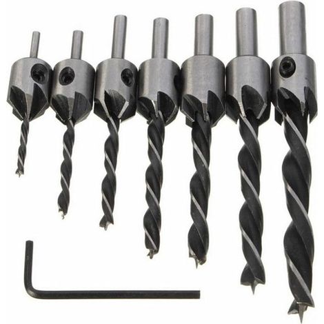 Coffret de fraises Allecto Plus avec 7 forets HSS pour chanfreiner le bois (3-10 mm) et clé, couleur gris argenté (1/5)