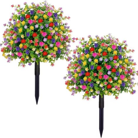 JSSEVN - Juego de 2 flores artificiales para exteriores - Bolas artificiales con estacas para el suelo - Resistentes a los rayos UV - Ideales para invernaderos (1/5)