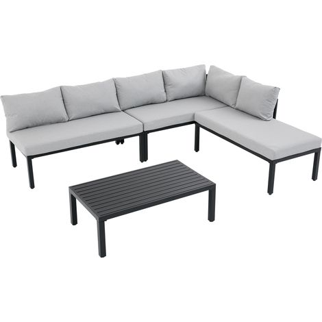 Set Jardin Modulaire 6 Places Gris – Cadre Acier Galvanisé, Dossiers Amovibles, Table Incluse, Pieds Réglables