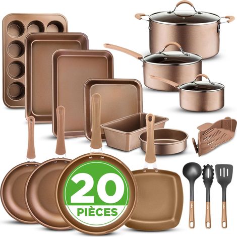 Ensemble de Batterie de Cuisine et de Pâtisserie, Ustensiles de Cuisine et Poêles Antiadhésifs, Adapté pour les Cuisinières à Gaz, Électriques, Induction, Poignées Cool-Touch, 20 Pièces (1/5)