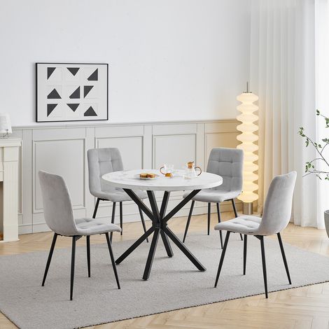 Wokaka Juego de mesa y sillas de estilo nórdico - Mesa redonda de 100 cm (Efecto mármol) - Pack 4 sillas de comedor de terciopelo acanalado (gris claro) (1/4)