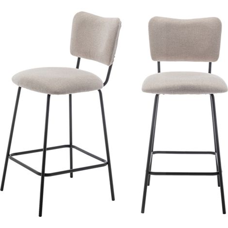 Drawer – Lot de 2 chaises de bar en tissu polyester beige – Hauteur 65 cm – Piétement métal noir mat – Confort optimal avec dossier incurvé