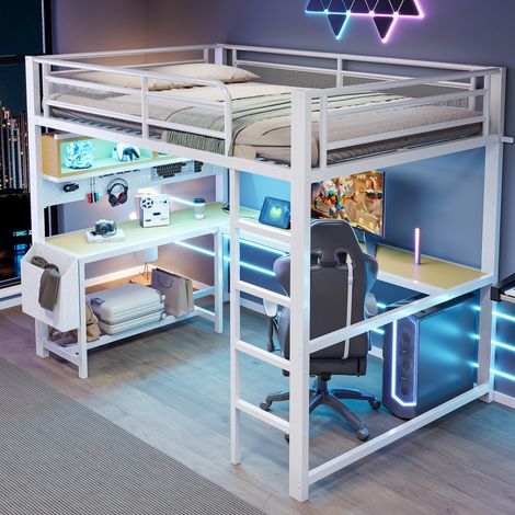 Lit mezzanine gaming 140x200 cm avec bureau, tablette pour clavier, compartiments de rangement, LED et station de recharge, blanc (1/5)