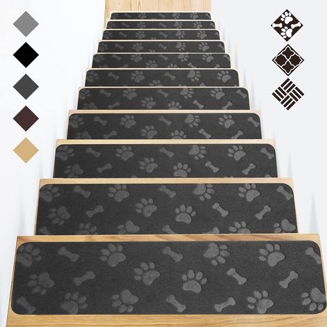 76 x 20cm 15pack Noir Patte de Chien,Tapis d'Escalier pour Escaliers en Bois,Tapis d'Escalier Antidérapant avec Support Auto Adhésif pour Personnes