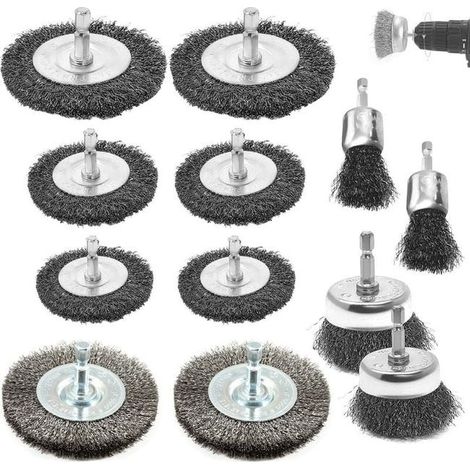 12 Brosses Métalliques pour Perceuse, 6mm Tige Hexagonale, Brosse en Acier Inoxydable, Kit de Nettoyage Polissage, 6 Brosses en Fer et 6 Brosses Inox (1/4)