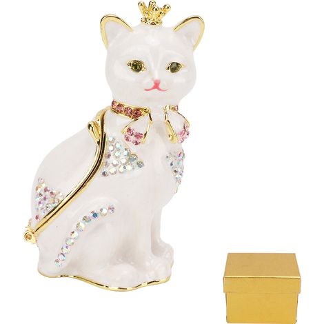 Cat Hinged Jewelry Box Sparkling Rhinestones Fine Details Hand Painted Cat Decor Trinket Box for Storage Gifts (1/5)
