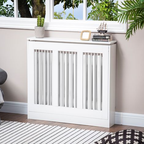Cache-radiateur blanc 90x18x84 cm en MDF, design moderne, étagère verticale pour radiateur de salon
