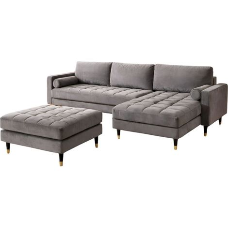Divano angolare KOLIRI grigio con pouf – Divano design in velluto con struttura in legno massiccio