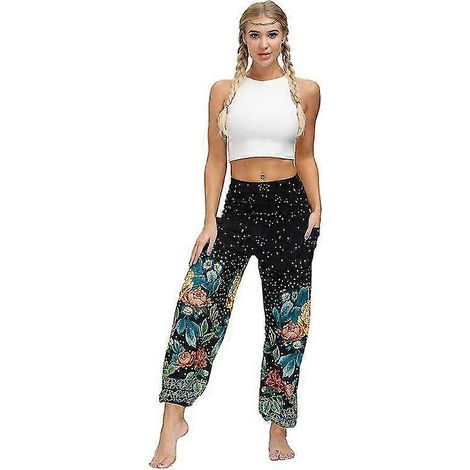 Pantalon harem pour femme, pantalon de yoga bohème taille haute avec poches (1/5)
