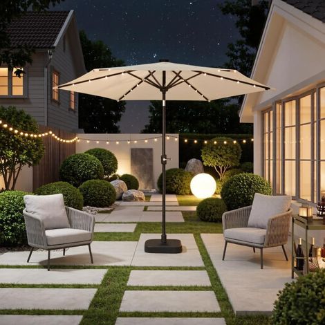 Parasol droit extérieur à LED solaire – Toile UPF50+ 140g/m² – Inclinaison ±30° anti-vent – Manivelle + housse de protection, pour balcon jardin terrasse (1/5)