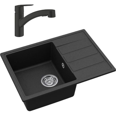 62x44 cm évier avec égouttoir réversible en Granite, à encastrer, noir + mitigeur lavabo/cuisine Grohe Start (SATSE2BG431)