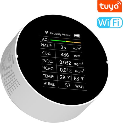Détecteur de qualité de l'air multifonction Tuya WiFi 7 en 1 : PM2.5, TVOC, CO2, HCHO, température, humidité, IQA. Moniteur de qualité de l'air intérieur pour la maison, le bureau, la voiture. (1/5)