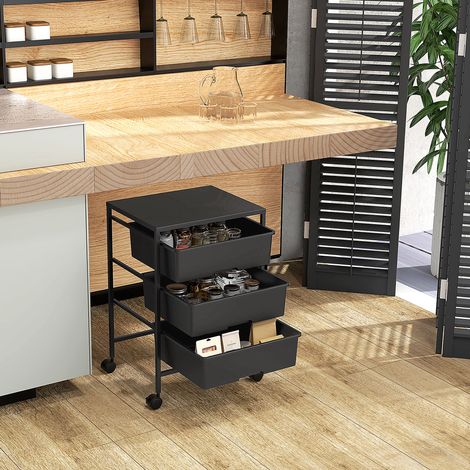 Chariot roulant de service 3 étagères en acier, desserte de rangement avec plateau et 3 paniers, meuble sur roulettes pour cuisine ou atelier