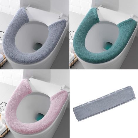 Lot de 3 housses de siège de toilette douces et plus épaisses, style bouton 3 couleurs, tapis de fermeture réutilisable lavable pour salle de bain, tapis de siège de toilette universel, garde au chaud (1/5)
