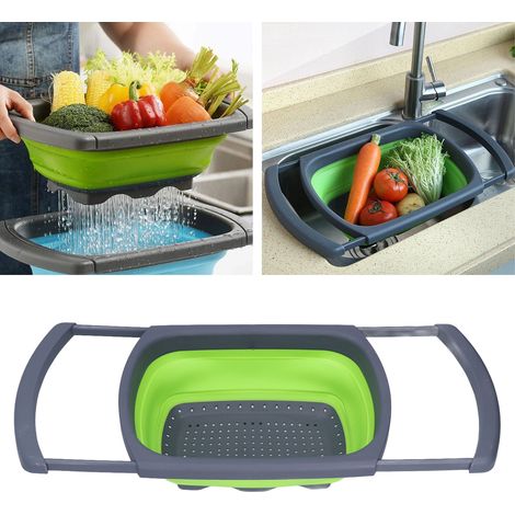 Panier égouttoir pliable vert, panier égouttoir télescopique pliable, panier filtre pour fruits et légumes, panier à légumes de cuisine. (1/5)