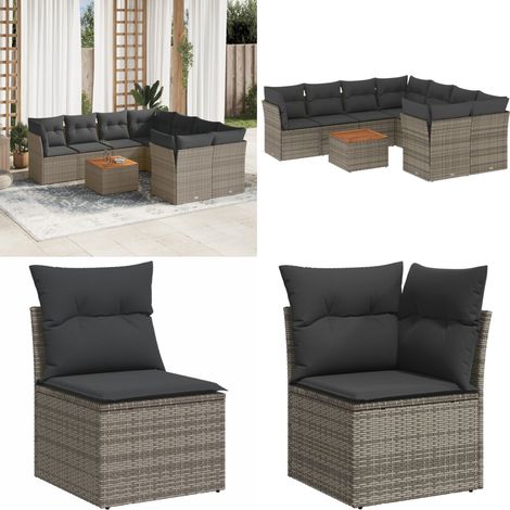 9-tlg. Garten-Sofagarnitur mit Kissen Grau Poly Rattan - Gartenmöbel Set - Outdoor Möbel - Rattan Sofa - Lounge Set - Esstisch - Home & Living (1/5)