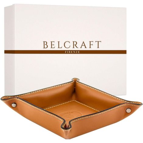 Plateau de Rangement en Cuir - 1 Pièce - Style Artisanal Italien - Organiseur de Bureau et Salon - Pour Clés et Accessoires - Marron Clair (19x19 cm) (1/5)