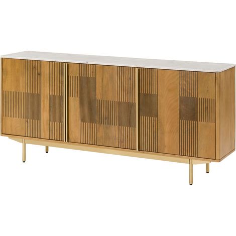 Sideboard Mango 180x40x80 hellbraun geölt / Marmor weiß MIAMI 100 (1/4)