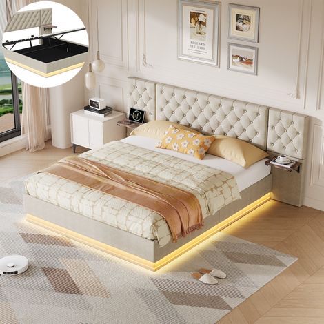 Lit Coffre 160x200 cm Lin Beige - Éclairage LED RGB - Charge Sans Fil - Tête de Lit Large - Sommier Hydraulique - Design Élégant (1/5)