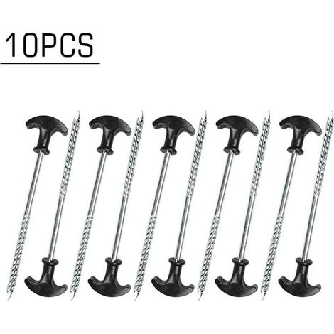 Lot de 10 piquets de tente avec vis, 20 cm, en acier, pour auvent robuste, avec coussinets anti-humidité et clous. Accessoires de camping et de randonnée.