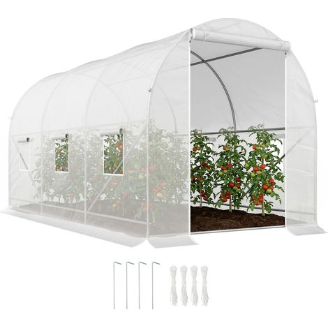 Outsunny Gewächshaus 350x200x200cm Foliengewächshaus Tomatenhaus mit Tür, Fenster, Folientunnel aus verzinktem Stahl, Pflanztunnel, Treibhaus inkl. Erdanker Seilen, Gartentunnel, Weiß