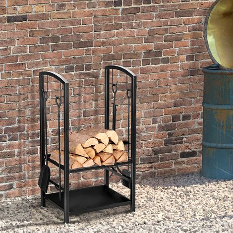 Lot à bois d'intérieur/extérieur surélevé, 2 niveaux. Rack à bûches en acier avec pelle, balai, tisonnier et pince. Charge max 100 kg, dimensions 40x30x74,5 cm, finition noire. (1/5)