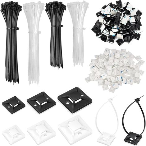 200 x Plastic Cable Ties + 200 x Adhesive Bases, Self Adhesive Cable Ties for Fixing Electric Cable (Black/White) (1/5)
