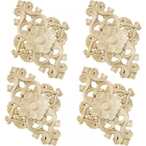 BUNTHAUS Lot de 4 décorations en bois sculpté pour meubles, mur, armoire, porte, décoration, bricolage