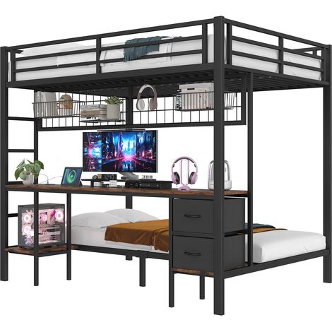 Lit mezzanine 140x200 cm avec bureau, tiroirs, étagères, grille de rangement, LED 7 couleurs et port USB, structure en métal noir, sans matelas pour enfant CHICFURN (1/5)