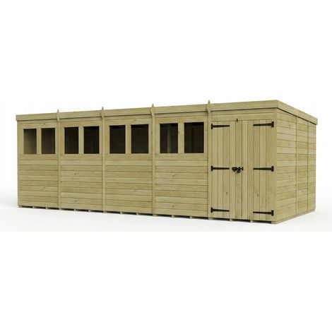 20ft x 9ft Pent Garden Shed Double Door With Windows - Pressure Treated Timber - L610 x W274 x H210 cm - Natural